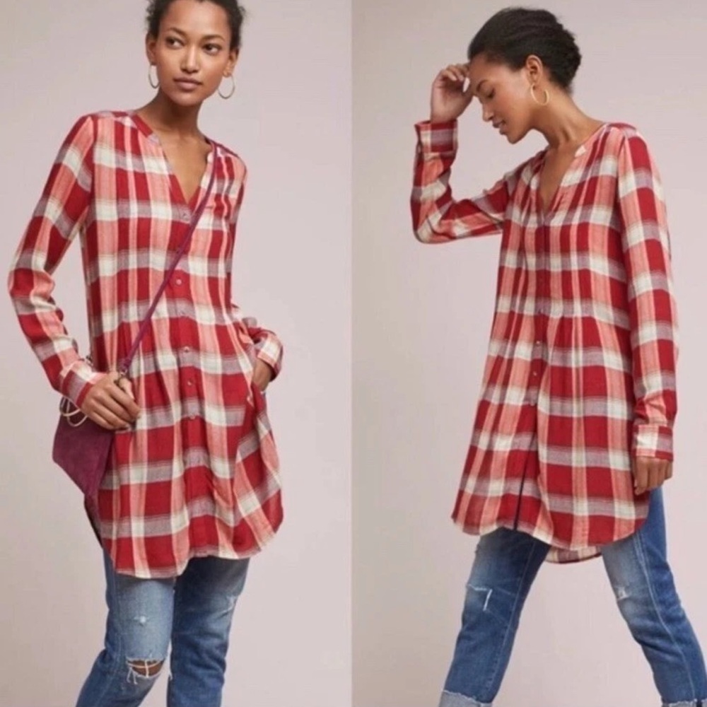 Anthropologie Akemi + Kin Women Size Small Red Lucie Plaid Long Sleeve Tunic Top